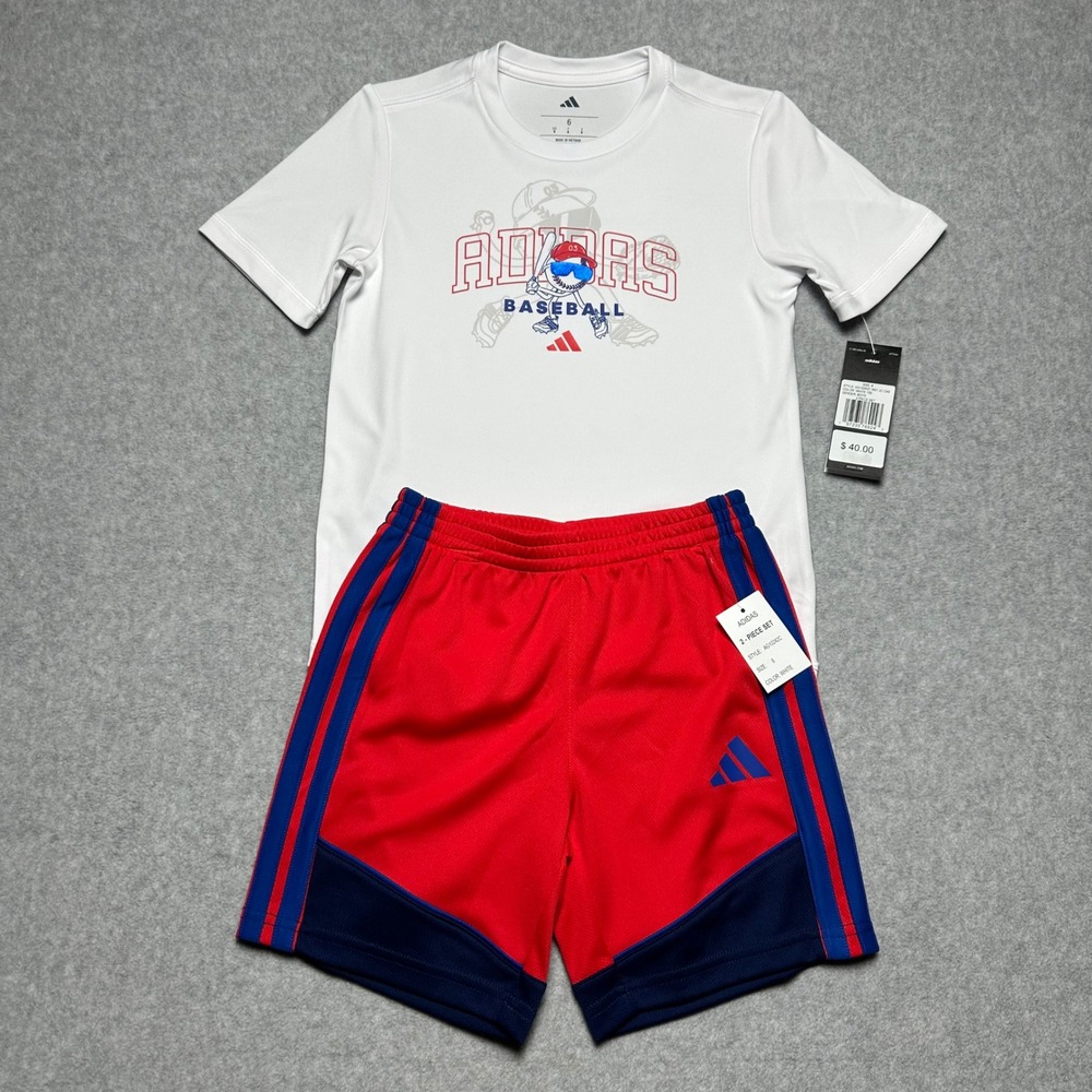 Adidas Boys 2 Piece Baseball T-Shirt and Shorts Set White Red Size 6 AG10242C